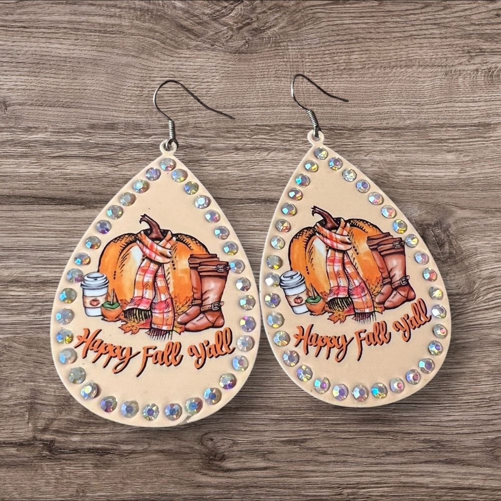 Metal •Happy Fall Y’all• Teardrop Earrings with Rhinestones • Pumpkin & Scarf